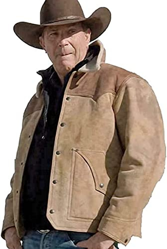 Men’s Kevin Costner John Dutton Genuine Sheepskin Fur Collar Brown Leather Yellowstone Jacket (Large)