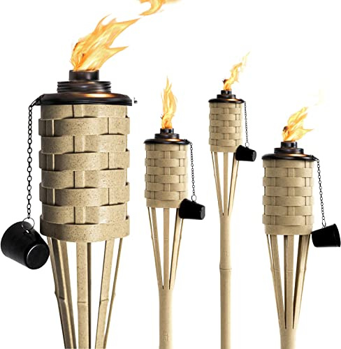 ONETHATCH Bamboo Torches, Outdoor Citronella Torch (Weathered Color, 4pack); Large Patio Torch, Great for Tropical Decor, Lighting, and Luau Party; Easy Refill Wide-Mouth Canister, Stands 60 Tall