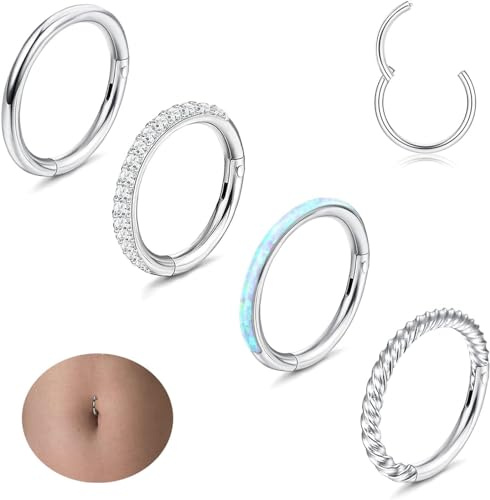 Diamday 14G Ombligo Piercing Anillos Acero Quirúrgico Ombligo Aro Hoop para Mujer CZ Ópalo Clicker Aro Ombligo Anillos Vientre Barra Nariz Labio Oreja Corporal Piercing Joyería Plata 10mm