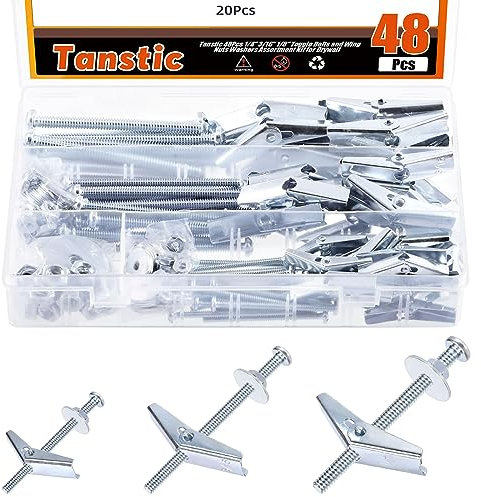 Tanstic 48 Sets 1/8 3/16 1/4 Toggle Bolt and Wing Nut Assortment Kit, Butterfly Toggle Anchors with Wing Nuts, Hex Nuts, Washers, Hollow Drywall Anchors and Screws for Drywall