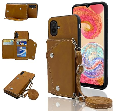 ELISORLI Telefonskydd för Samsung Galaxy A05 Plånboksfodral med Crossbody axelrem och stativ läder kreditkortshållare plats mobil flip handväska mobiltillbehör Ao5 A 05 flickor kvinnor män brun