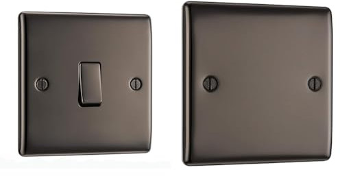 BG Electrical NBN12-01 Single Light Switch, Black Nickel, 2-Way, 16AX & Electrical NBN94 Single Blank Plate, Black Nickel