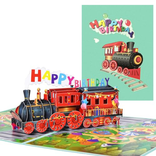 CNLITIHEKA Cartes d'anniversaire de train, carte d'anniversaire pop-up train, carte de félicitations d'anniversaire, cadeau d'anniversaire pour fils, fille, garçons, filles, enfants, amis.