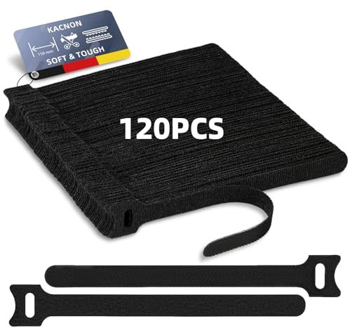 KACNON 120 Stück Klettband Kabelbinder Klett Schwarz, 150x12 mm Klett Kabelbinder Wiederverwendbare, Verstellbare Klettband Kabelbänder, Klettband Kabelklett Klettbinder für Haus Büro und Gartena