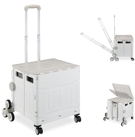 Relaxdays Einkaufstrolley Treppensteiger, klappbar, Einkaufskorb mit Rollen, Deckel, neigbarer Teleskopgriff, grau/weiß