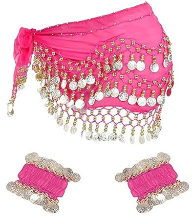 XDGBGFN magdans höftduk med armband, damer magdans accessoarer bälte chiffong höftduk magdans höftduk midjebälte, Rosenröd, one size