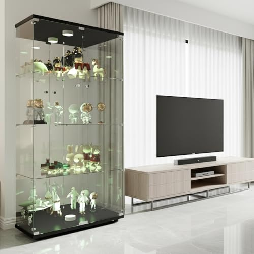 Vitrina de cristal, vitrina de cristal con iluminación LED, vitrina con espejo, armario de cristal, vitrina moderna de pie para salón, oficina, objetos de colección, libros, vino (4 niveles, 2 puertas