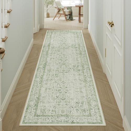 Vintage Grün Waschbarer Teppich 60x180cm LäUfer Flur rutschfest Weich Vorzimmer Tepich Kurzflor Schlafzimmer Retroteppiche KüChe Bedroom Brücken Hallway Carpet