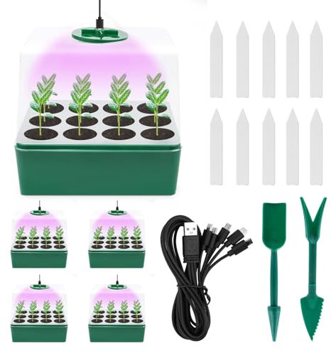 KEWUZY Zimmergewächshaus Anzuchtkasten, 5 Stück Mini Gewächshaus mit Erhöhten Deckel mit Pflanzenlichter, Anzucht Gewächshaus mit 10 Etiketten, 2 Werkzeuge für Sämling Pflanze