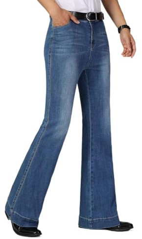 Men Bell Bottom Jeans 60s 70s Retro Trousers Slim Fit Flared Denim Pants, Light Blueb2, Medium