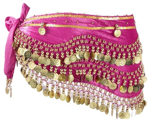 sourcing map Belly Dance Hip Scarf 59x11, 1 Pack Women's Belly Dance Costume Skirt Wrap with 248 Gold Coin for Dance or Yoga Class, Rose Pink
