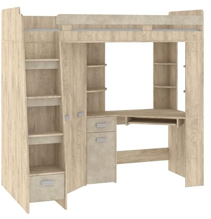 High Sleeper Bed with Desk, Wardrobe and Shelves - Space Saving Loft Bed - Furniture Set for Kids (120x204x190 cm) - 80x200 cm Mattress - Left Side Steps - ANTRESOLA (Oak Endgrain/Granada Almond)