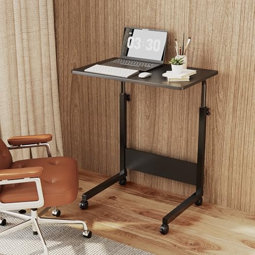 Bonnlo Side Mobile Table 60×40cm, Portable Laptop Table with Rolling Wheels | Height Adjustable Computer Desk, C-Shaped Bed Couch End Tables with Edge Stopper for Living Room Bedroom , Black