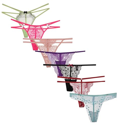 COLOROSES 7-Pack Womens Thongs Underwear-Assorted Lace & Color Combinations Variety Gstring Set Sexy T Back Thong Panties