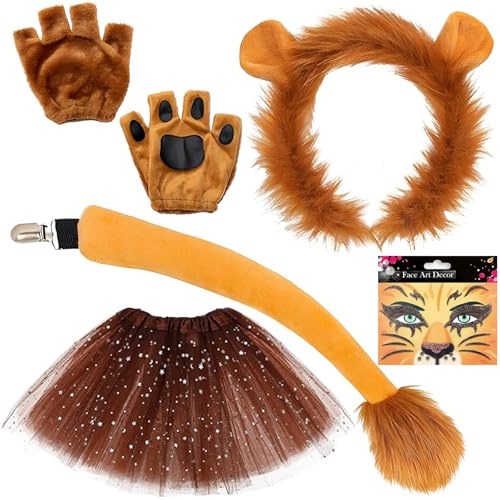 CERICAI 6 Pcs Adults Lion Costume Accessory Kit - Brown Headband, Lion Ears, Face-painting, Gloves, Tail & Tutu Kit, Animal Fancy Accessories for Animal Cosplay Carnival Stage Performance Halloween