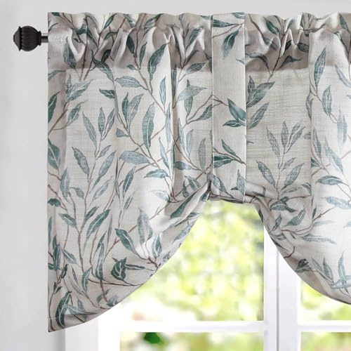 VOGOL Tie Up Adjustable Kitchen Valance, Blue Leaves,52×18, 1 Panel | Rod Pocket Easy to Install, Farmhosue Botanical Print, Easy Care Durable Fabric,for Bedroom Living Room Cafe Windows