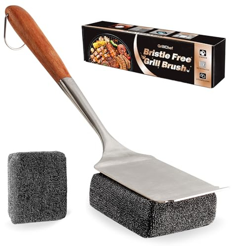 GrillChef Bristle Free Grill Brush, BBQ Steam Cleaning Brush with 2 Replacement Heads, Extra Long Wood Handle, Safe Grill Cleaner for Outdoor Grills, Gift Box Design for Dad Men