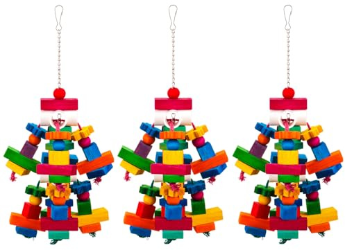 Seenelling 3 Pcs Large Parrot Toys 17.8 Colorful Chewing Toy with Natural Wood Blocks for African Greys, Cockatoos, Parrots, Macaws, Medium Birds Cage Toy Accessories