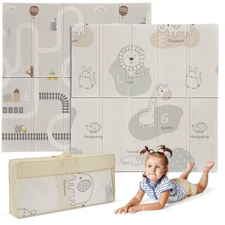 MS BabyWorld - Trendy - Alfombra de Juegos para Bebé 3 tamaños a elegir- Doble Cara, Tapete Muy acolchado (1cm Grosos), Plegable y con Bolsa de transporte (120 * 120, Rhino/Coche)