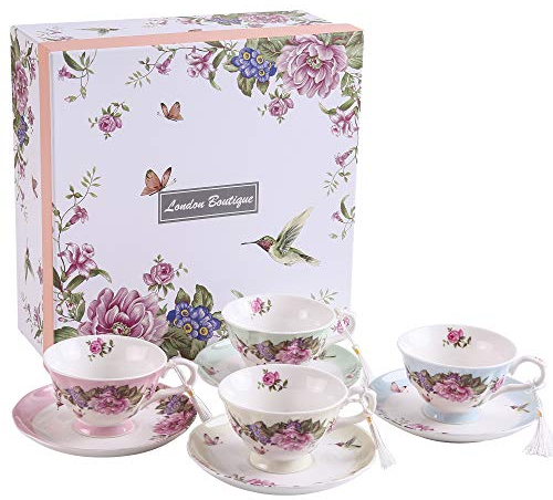 London Boutique Teeservice aus Porzellan, Kaffeetassen/Teetassen mit Untertassen, Vogel-, Blumen- und Schmetterlingsmotive, 4-teiliges Set Geschenk-Box (4 Pastellfarben)