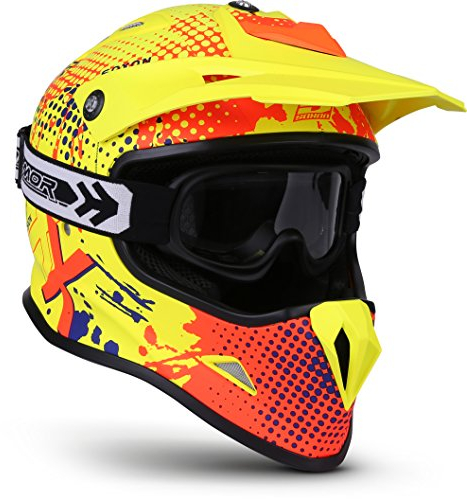 SOXON® SKC-33 Set „Fusion Neon“ · Kinder Cross-Helm · Motorrad-Helm MX Cross-Helm MTB BMX Cross-Bike Downhill Off-Road Enduro-Helm · ECE 22.05 Schnellverschluss SlimShell Tasche XS (51-52cm)