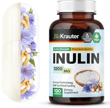 BIO KRAUTER® Inulin Powder from Chicory Root in Capsules 1200 mg per Serving 100 Count - Vegan & Pure Inulin Prebiotic Fiber for Gut & Digestive Support - No Fillers, Non-GMO - 16 Days of Supply