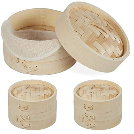 Relaxdays 10027887 Set de Cocina al Vapor, Tres cestas vaporeras, 1-3 Pisos, Dim Sum, Arroz, Ø 13,5 cm, 1 Pack, Marrón, Algodón