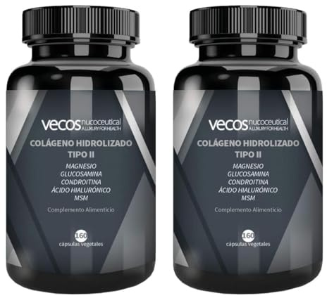 Pack de 2 Botes de Colágeno Hidrolizado Tipo II - 320 Cápsulas Vegetales - Ayuda a Prevenir el Dolor e Inflamación en Articulaciones - Efecto Antiinflamatorio y Antioxidante - Complemento Alimenticio