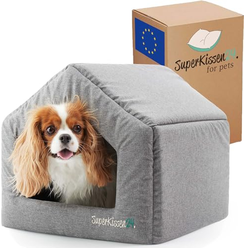 SuperKissen24. Hundehütte Indoor - Hundebett - Hundebox für Kleine Mittlere und Große Hunde und Katzen - Wasserdicht Hundehöhle - Katzenhöhle - 42x48x38 cm - Flachs Grau