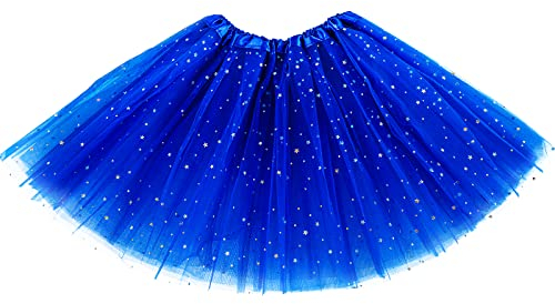 Damen Tüllrock 3 Lagen Tüll Rock mit Pailletten Sternen Adult Teen Tütü Rock Retro 80er Party Halloween Karneval Party Kostüm (Königsblau)