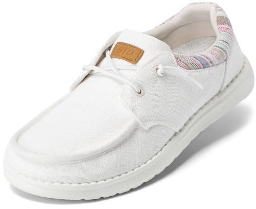 STQ Women's Slip on Boat Shoes with Arch Support Comfortable Canvas Loafers for All Day Standing White US 7