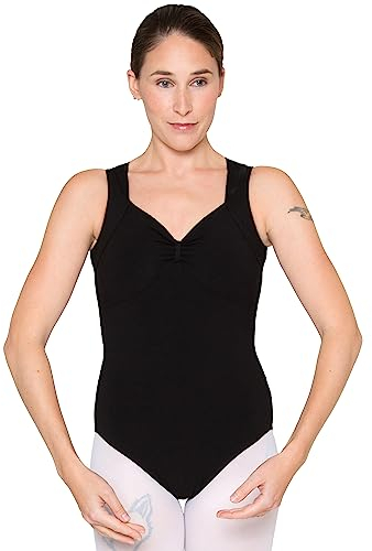 tanzmuster Ballett Trikot Damen ärmellos - Melinda - Baumwolle - BH-Pad-Einschub - geraffter Ausschnitt - schwarz 36 - schwarzer Tanz Body - Ballettkleidung für Erwachsene