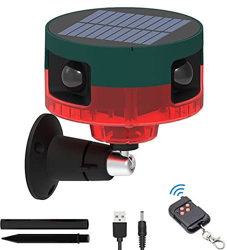 Solsensor, säkerhetslarmlampor utomhus, KINGCOO 360° rörelsedetektor, LED-blinkande stroboskop ljus, varning inbyggda 13ljud, 129 dB högt siren ljud för hem, gård, ladugård (röd)