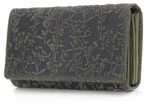 ekavale Portemonnee für Damen mit Blüten Muster RFID-Schutz, Leder Geldbörse Langformat mit Druckknopf (Grün)