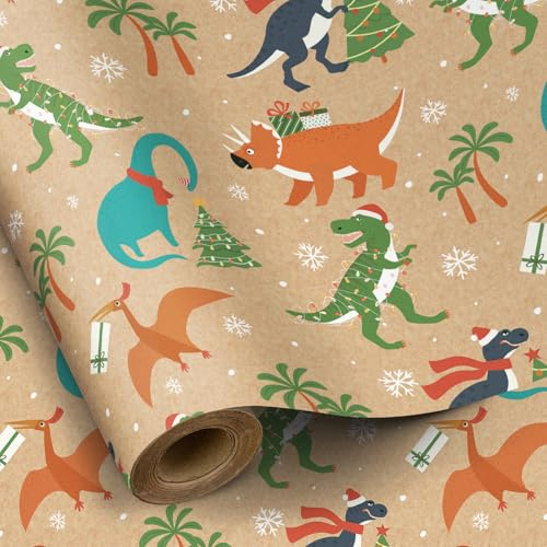 RUSPEPA Jul kraftpapper rulle – dinosauriedesign för julklapp – 43 cm x 10 m