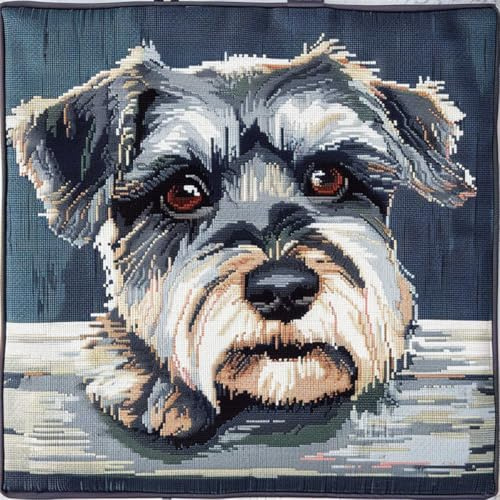 RKFLGEW DIY Latch Hook Kits Schnauzer Animal Cushion Kit 43x43cm | Cartoon Dog Pillow Cover Pillowcase Craft Kit with Printed Canvas