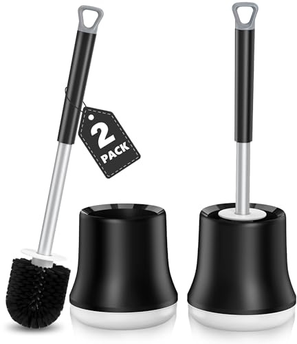 Silicone Toilet Brushes & Holders 2 Set: ENSPOWAY Bathroom Cleaning Kit | Hygienic Toilet Cleaner System with Long Handle & Quick Drying Holder, for Loo Bowl Bathtub Sink Basin in Tiny Spaces, Black