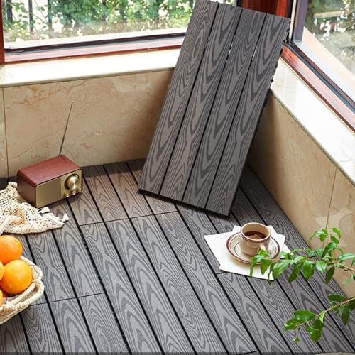 HGOuhK Wood Plastic Interlocking Flooring Composite Wood Decking Tiles, Cuttable Interlocking Drainage Flooring For Garden And Terrace, Rectangular Plastic Wood Flooring for Patio Porch Backyard(Grey,
