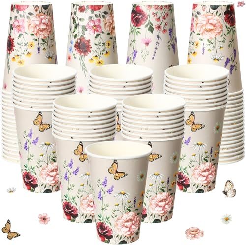 Tioncy 50 tazas de café desechables de papel con diseño de mariposa floral de primavera de 12 onzas para café, agua, jugo, espresso, bebidas calientes y frías, cacao, bebidas frías, suministros para