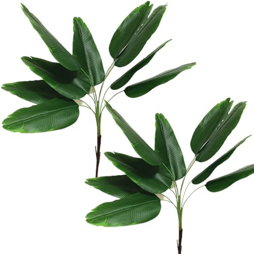 Artificial Bird of Paradise Plant, Faux Palm Plants with Real Touch Leaves Fake Banana Tree Plastic Stems for Home Room Greenery Decor Office Indoor Outdoor Garden Wedding Party DIY Decorations 2 Pack