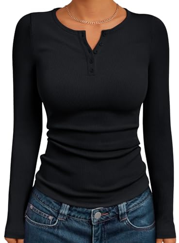 Trendy Queen Long Sleeve Henley Shirts for Women Fall Winter Ribbed Thermal Tops Casual Blouses Basics Tees Cute Sweaters Black XL