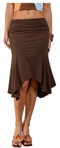 Floerns Women's Summer Midi Skirts Asymmetrical Ruffle Hem Ruched Date Night Skirts Brown Medium