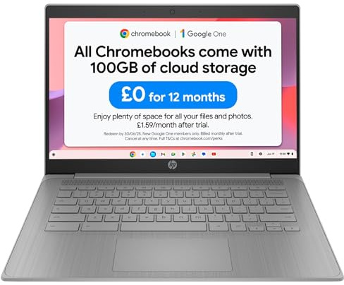 HP Chromebook 14 | Intel Celeron N4500 Processor | 4GB RAM | 64GB eMMC | Intel UHD Graphics | HD Anti-glare Display | Chrome OS | Dual Speakers | USB-C Fast Charging | Modern Grey | 14a-ne1000na