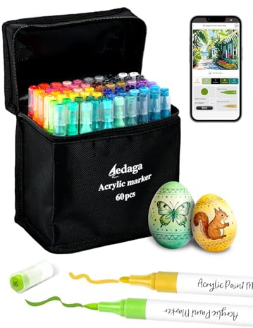 HornedDragon 60 Colores Rotuladores de Acrílico Numerados con App, Marcador de Acrílico de Doble Punta, Lápiz de Pintura Impermeable para Piedras, Marcador de Pintura Acrílica para Adultos – Huevos