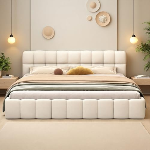 Poeahu Lit Double Rembourré 160x200 cm Lit Bubble avec Sommier à Lattes et Dossier, Lits 2 Places avec Tête Capitonné Cadre de Lits pour Adulte Chambre à Coucher (Beige, 160 x 200 cm)