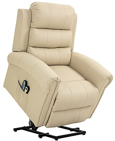 HOMCOM Sillón Relax Reclinable Eléctrico Levanta Personas, con Masaje Vibratorio y Calor, Sillón Elevador, con Control Remoto, Reposapiés, Tapizado en PU, Bolsillos Laterales, Crema