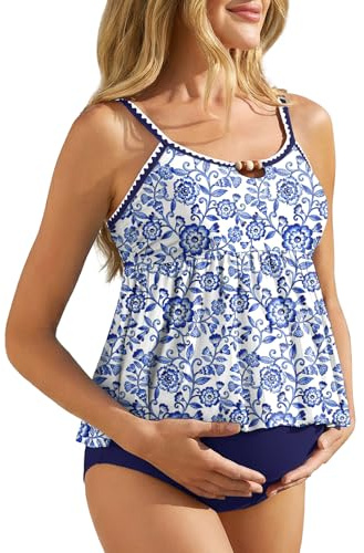 Summer Mae Maternity Two Piece Swimsuit Tankini Ruffle Hem Bathing Suit Shell Stitched Bead Boho Pregnancy Swimwear for Beach Porcelain Bloom 14