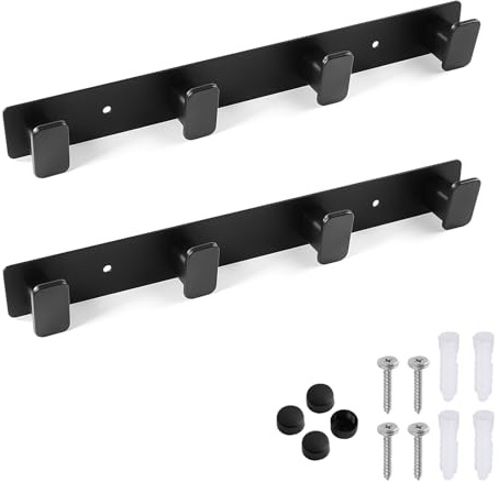 Dntorx 2 Pack Coat Hooks Wall Mounted, Black Coat Rack with 4 Hooks Heavy Duty Towel Hook Wall Hooks Organizer for Hanging Towels, Clothes, Bags, Hat