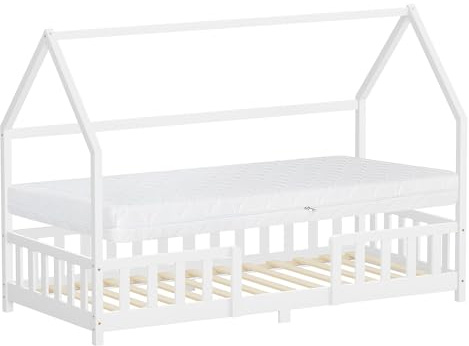 ML-Design Barnsäng 90x200 cm med madrass H:16cm och fallskydd Montessori hussäng och ribbotten i massivt furu Vit stabil låg säng för barnrum flickor pojkar trä sängram med tak ungdomssäng enkelsäng