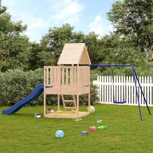Runheo Torre de juegos de madera maciza de pino con pared de escalada, columpio, tobogán ondulado y caja de arena para jardín, pedestal de 90 cm, parque infantil de madera para niños de 3 a 8 años